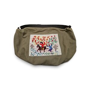 Boho Embroidered Folk Art Canvas Hobo Bag Olive Green Crossbody Slouchy Tote